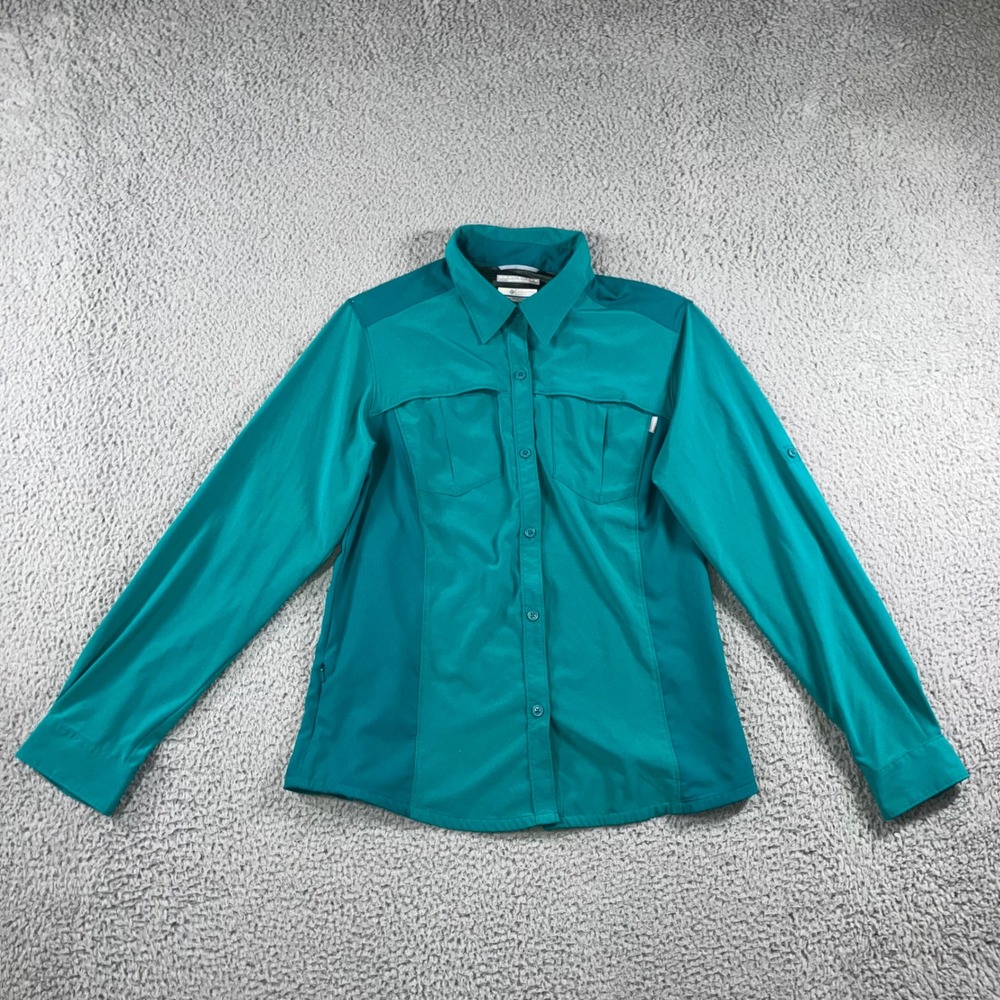 Columbia Omni Shade Button Up Shirt Women Large Teal Roll‎ Tab Sleeve Outdoor